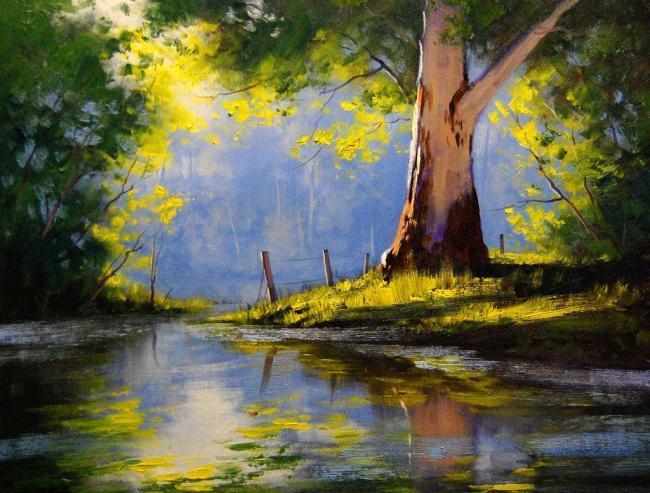 油画 河边的树图片