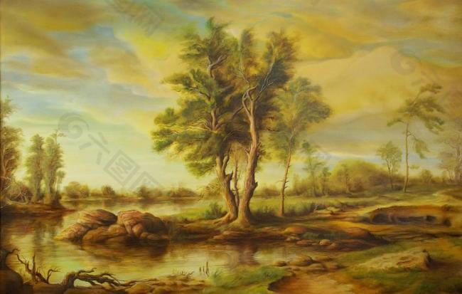 油画 河流树木图片