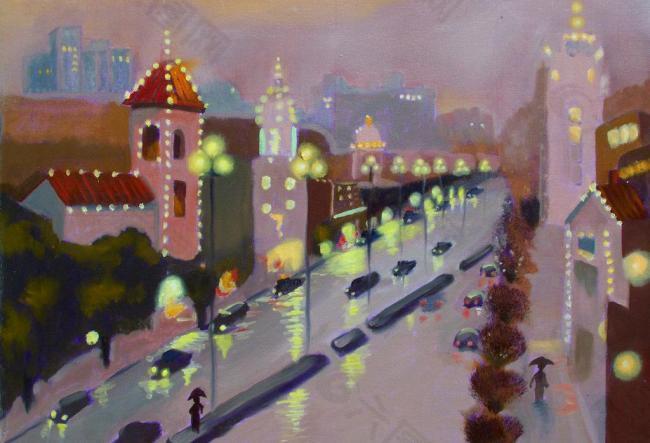 油画 城市夜雨图片