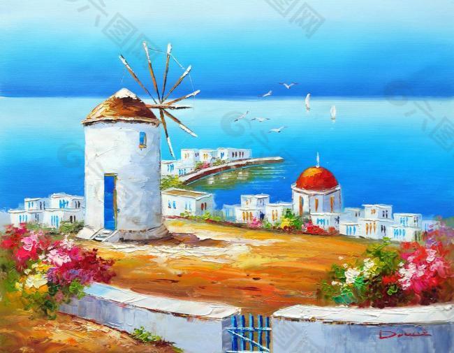 希腊爱琴海建筑手绘油图片