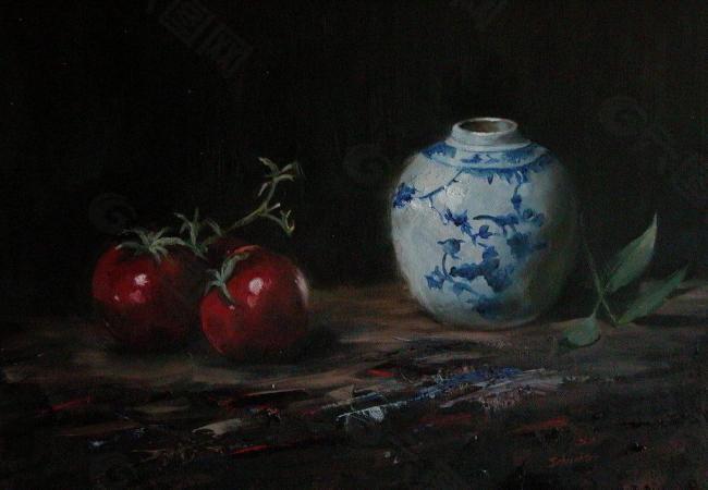 油画静物 瓷器 罐和西红柿图片