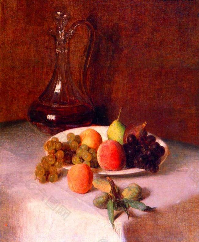 油画 白色桌布上的一个玻璃水瓶酒和水果拼盘图片