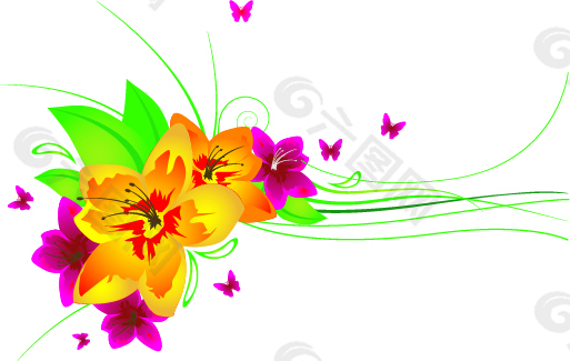 粉色蝴蝶和绿叶花朵插画