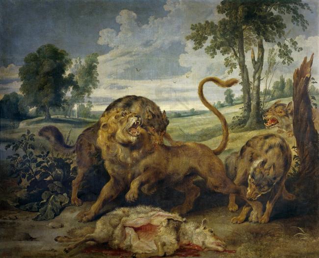 Vos, Paul de - Un leon y tres lobos, 17 Century大师画家古典山水画古典建筑古典文化装饰画油画