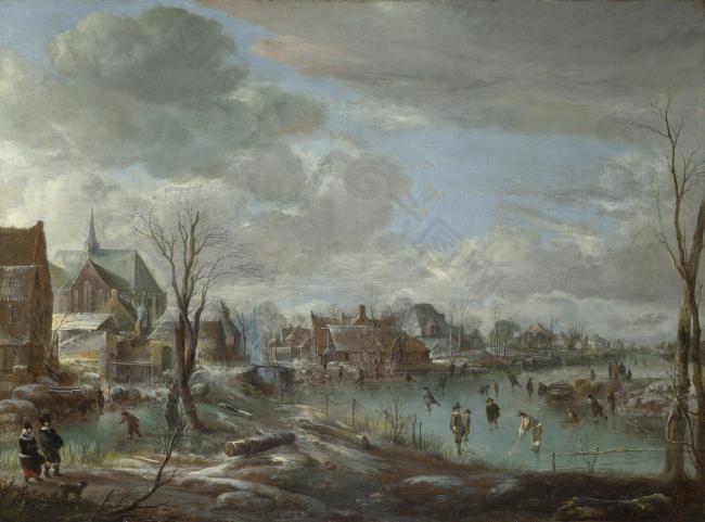 Aert van der Neer - A Frozen River near a Village, with Golfers and Skaters大师画家古典画古典建筑古典景物装饰画油画