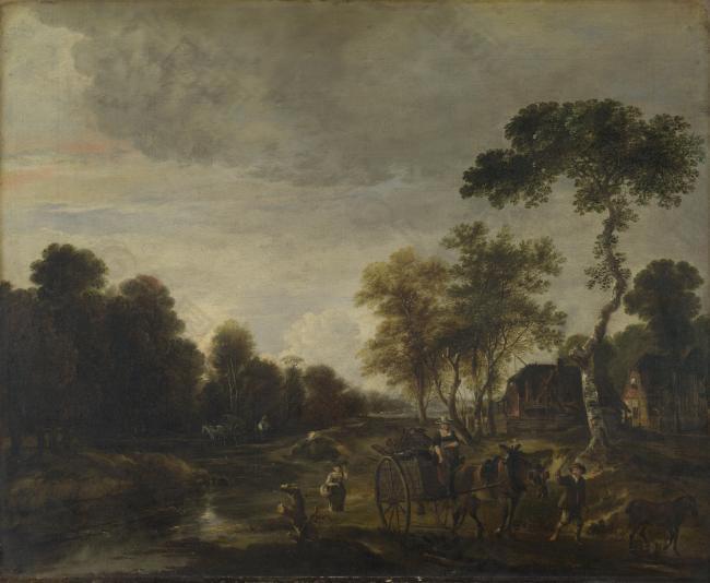 Aert van der Neer - An Evening Landscape with a Horse and Cart by a Stream大师画家古典画古典建筑古典景物装饰画油画