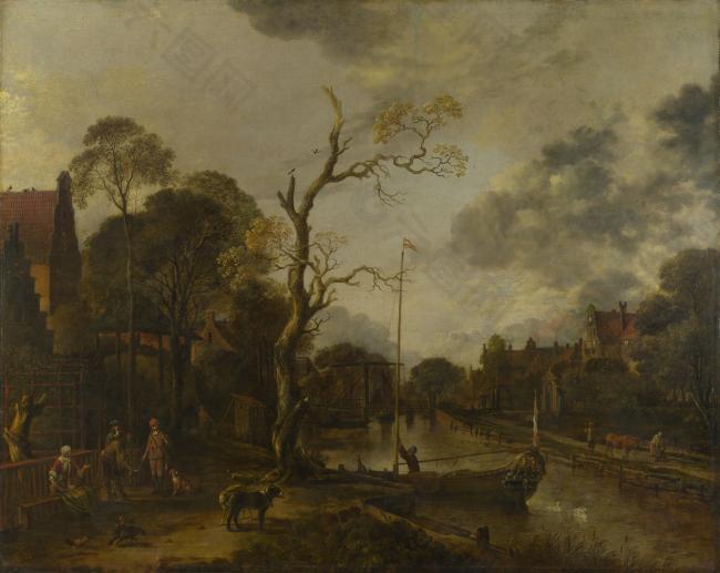 Aert van der Neer - A View along a River near a Village at Evening大师画家古典画古典建筑古典景物装饰画油画