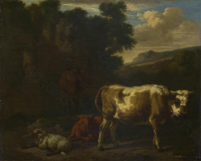 Dirck van den Bergen - Two Calves, a Sheep and a Dun Horse by a Ruin大师画家古典画古典建筑古典景物装饰画油画