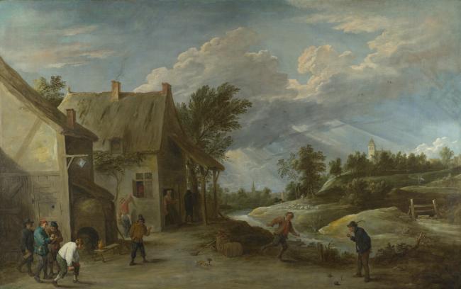 David Teniers the Younger - Peasants playing Bowls outside a Village Inn大师画家古典画古典建筑古典景物装饰画油画