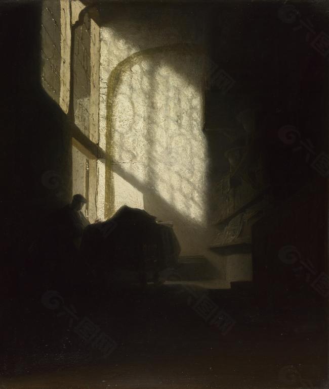 Follower of Rembrandt - A Man seated reading at a Table in a Lofty Room大师画家古典画古典建筑古典景物装饰画油画