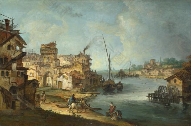 Michele Marieschi - Buildings and Figures near a River with Shipping大师画家古典画古典建筑古典景物装饰画油画