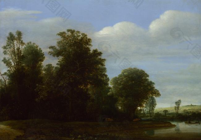 Cornelis Vroom - A Landscape with a River by a Wood大师画家古典画古典建筑古典景物装饰画油画