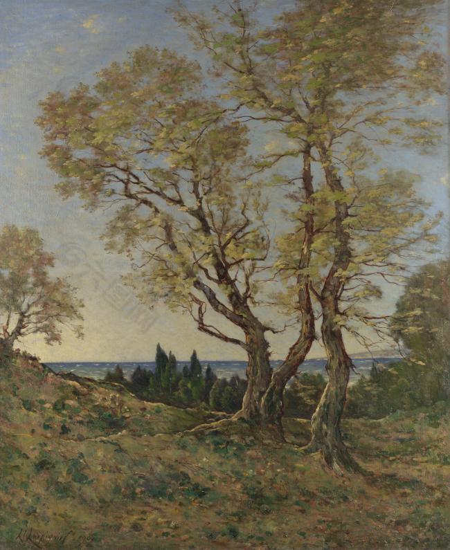 Henri-Joseph Harpignies - Olive Trees at Menton大师画家古典画古典建筑古典景物装饰画油画