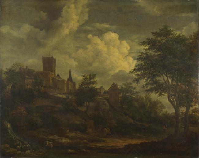 Imitator of Jacob van Ruisdael - A Castle on a Hill by a River大师画家古典画古典建筑古典景物装饰画油画