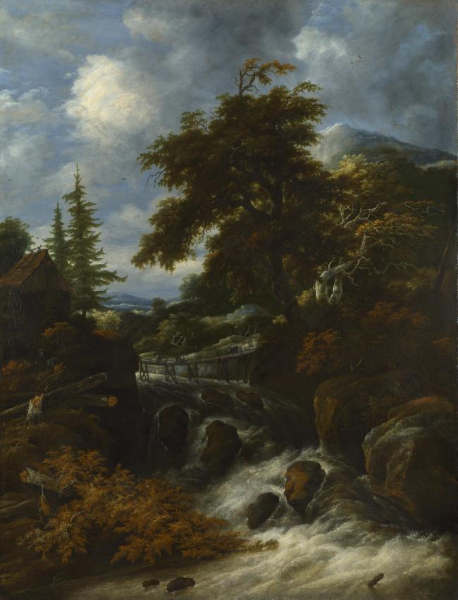 Jacob Salomonsz. van Ruysdael - A Waterfall by a Cottage in a Hilly Landscape大师画家古典画古典建筑古典景物装饰画油画