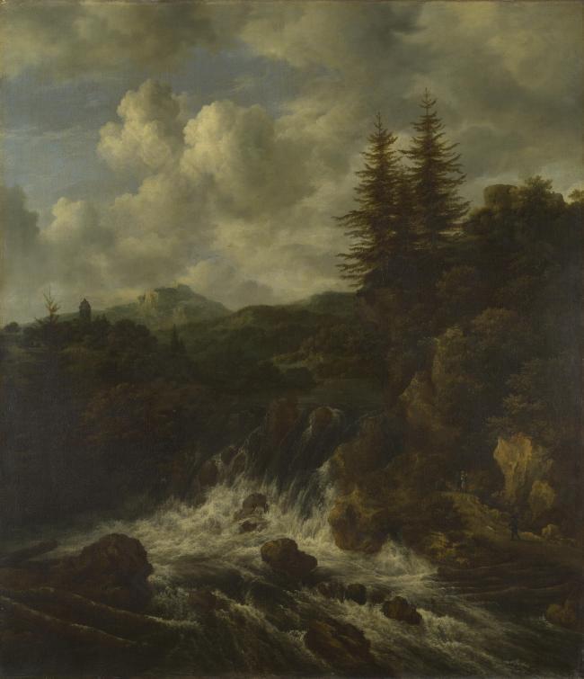 Jacob van Ruisdael - A Landscape with a Waterfall and a Castle on a Hill大师画家古典画古典建筑古典景物装饰画油画