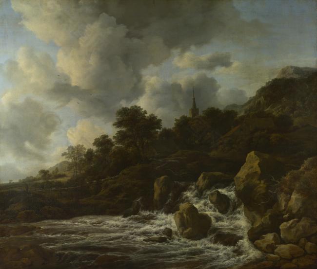 Jacob van Ruisdael - A Waterfall at the Foot of a Hill, near a Village大师画家古典画古典建筑古典景物装饰画油画
