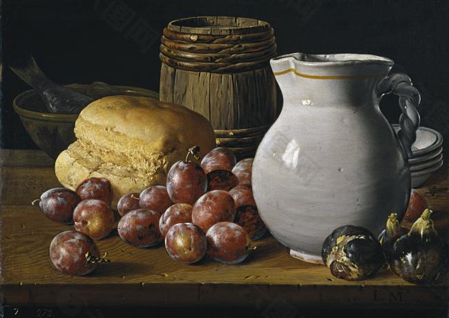Melendez, Luis Egidio - Bodegon ciruelas, brevas, pan, Third quarter of 18 Century大师画家宗教绘画教会油画人物肖像油画