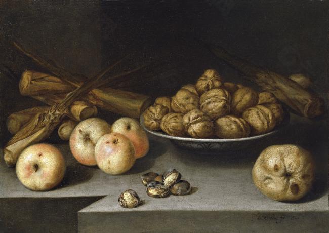 Medina, Pedro de - Bodegon con manzanas, plato de nueces y cana de azucar, 1645大师画家宗教绘画教会油画人物肖像油画装饰画