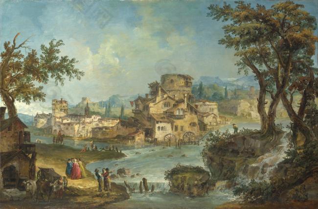 Michele Marieschi - Buildings and Figures near a River with Rapids大师画家古典画古典建筑古典景物装饰画油画
