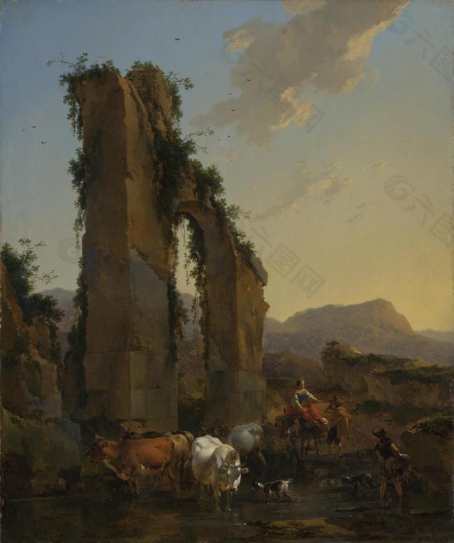 Nicolaes Berchem - Peasants by a Ruined Aqueduct大师画家古典画古典建筑古典景物装饰画油画