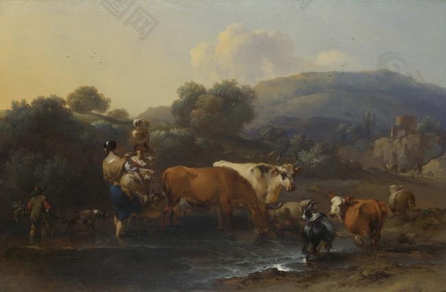 Nicolaes Berchem - Peasants with Cattle fording a Stream大师画家古典画古典建筑古典景物装饰画油画