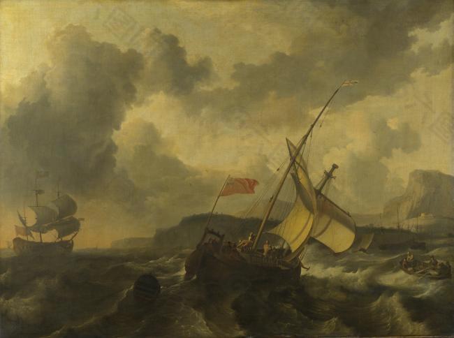 Ludolf Bakhuizen - An English Vessel and a Man-of-war in a Rough Sea大师画家古典画古典建筑古典景物装饰画油画