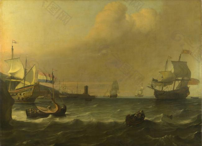 Ludolf Bakhuizen - Dutch Men-of-war entering a Mediterranean Port大师画家古典画古典建筑古典景物装饰画油画