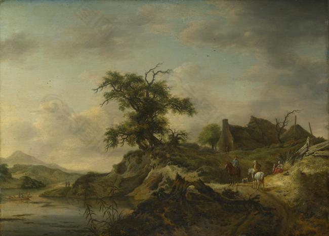Jan Wouwermans - A Landscape with a Farm on the Bank of a River大师画家古典画古典建筑古典景物装饰画油画