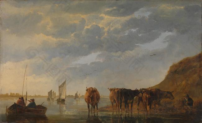 Aelbert Cuyp - A Herdsman with Five Cows by a River大师画家古典画古典建筑古典景物装饰画油画