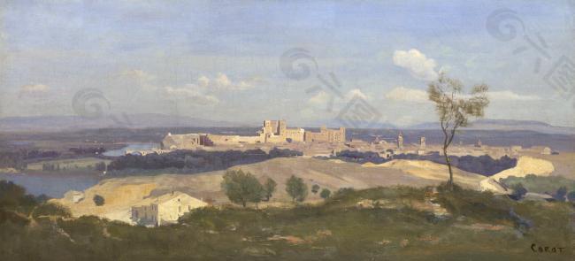 Jean-Baptiste-Camille Corot - Avignon from the West大师画家古典画古典建筑古典景物装饰画油画