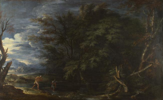Salvator Rosa - Landscape with Mercury and the Dishonest Woodman大师画家古典画古典建筑古典景物装饰画油画
