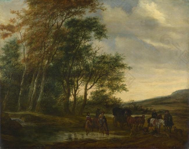 Salomon van Ruysdael - A Landscape with a Carriage and Horsemen at a Pool大师画家古典画古典建筑古典景物装饰画油画