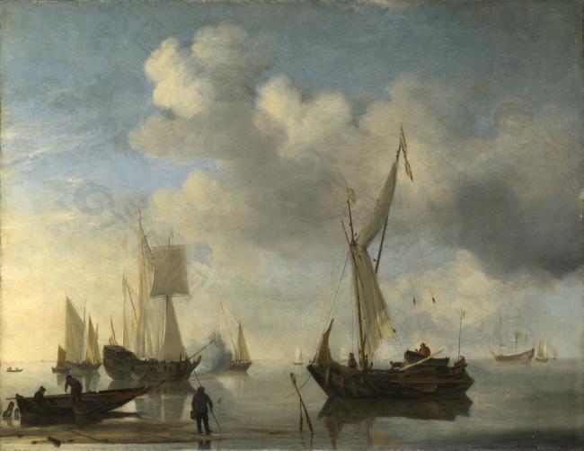 Willem van de Velde - Dutch Vessels lying Inshore in a Calm, one Saluting大师画家古典画古典建筑古典景物装饰画油画