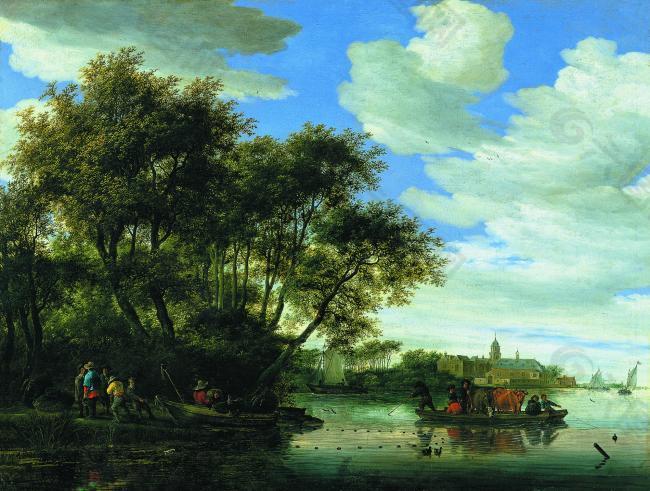 Salomon Jacobsz. van Ruysdael - A View of the River Vecht with a Ferry, Fishermen, and Nijenrode 大师画