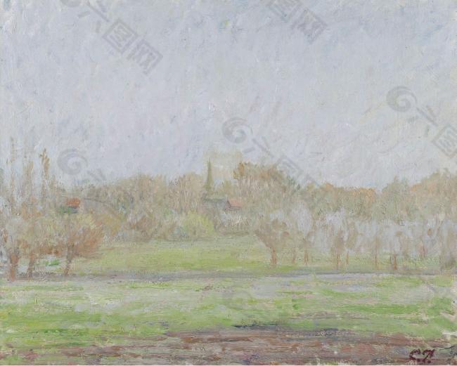 Camille Pissarro - View of Bazincourt, the Mist, 1894大师画家风景画静物油画建筑油画装饰画