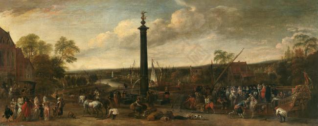 Minderhout, Hendrik van - Desembarco de un cortejo en un puerto fluvial, 1688大师画家古典画古典建筑古典景物装饰画油画