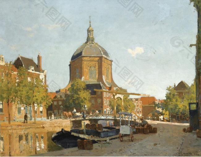 Cornelis Vreedenburgh - Figures on a Canal near the Marekerk, Leiden, 1923.jpeg大师画家风景画静物油画建筑油画装饰画