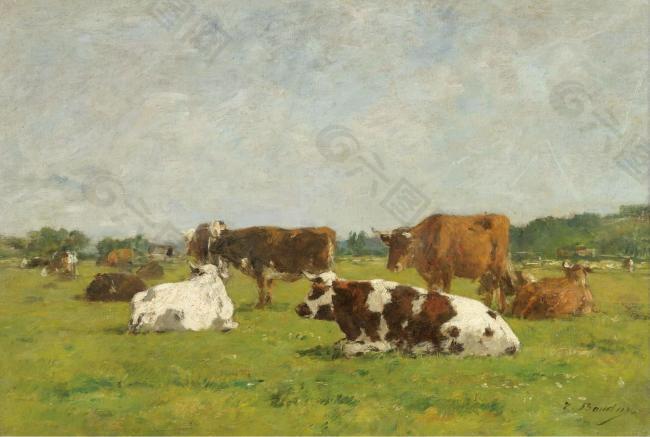 Eugene Boudin - Cows at the Pasture, 1880-85 01.jpeg大师画家风景画静物油画建筑油画装饰画