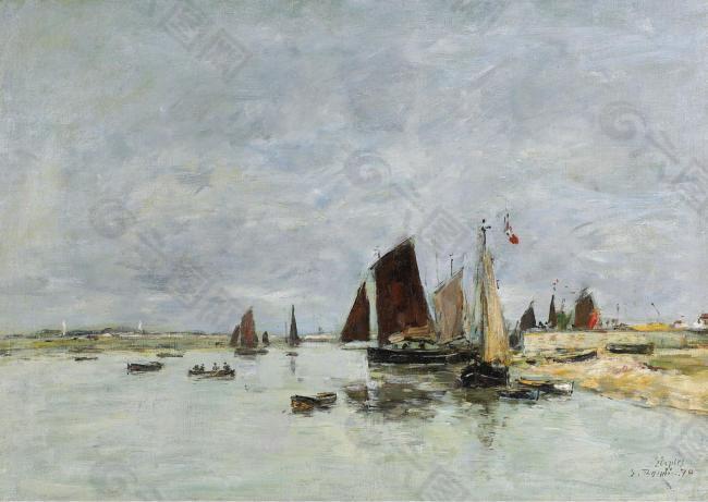 Eugene Boudin - Etaples, Boats at the Port, 1876.jpeg大师画家风景画静物油画建筑油画装饰画