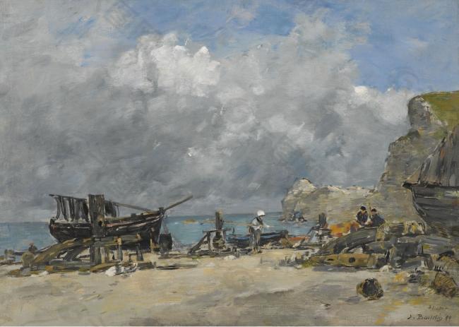 Eugene Boudin - Etretat, Fishing Boats and Fishers at the Beach, 1890.jpeg大师画家风景画静物油画建筑油画装饰画