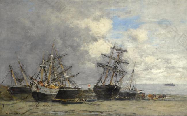 Eugene Boudin - Portrieux, Vessels on the Sand, 1873.jpeg大师画家风景画静物油画建筑油画装饰画