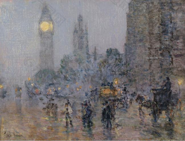 Frederick Childe Hassam - Nocturne - Big Ben, 1898大师画家风景画静物油画建筑油画装饰画