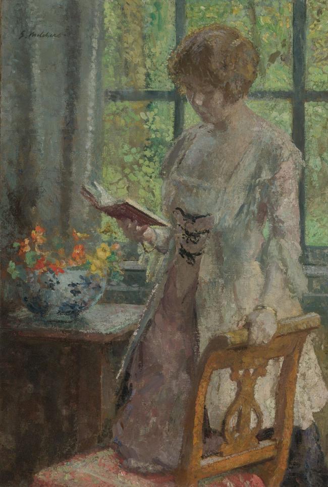 Gary Melchers - Young Woman Reading, 1916大师画家风景画静物油画建筑油画装饰画