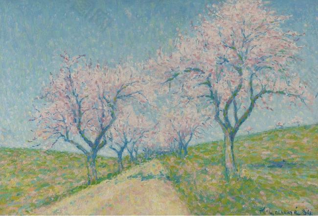 Achille Lauge - The Road Boarding by Almond-Trees in Bloom, 1934大师画家风景画静物油画建筑油画装饰画