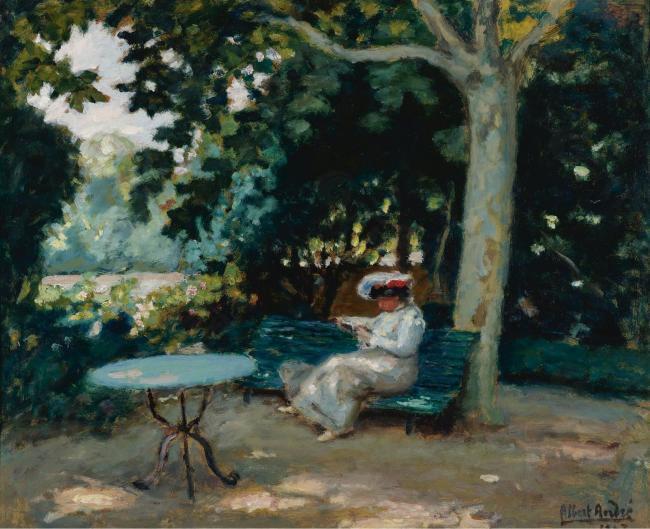 Albert Andre - Reading at the Garden, 1903大师画家风景画静物油画建筑油画装饰画