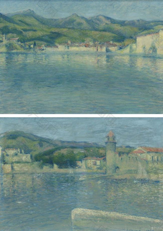 Achille Lauge - View of the Port of Collioure from the Point of Saint-Vincent (diptych), 1928大师画家风景画