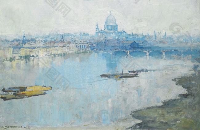 Arthur Streeton - St. Paul`s and the River, 1918大师画家风景画静物油画建筑油画装饰画