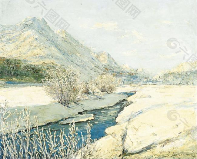 Georgy Lapchin - Valley Stream in the Snow大师画家风景画静物油画建筑油画装饰画