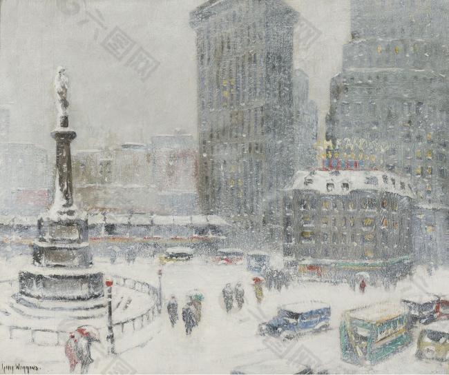 Guy Carleton Wiggins - Columbus Circle, 1936大师画家风景画静物油画建筑油画装饰画